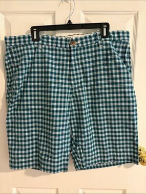 Men's Teal Plaid Casual Shorts, 10” inseam